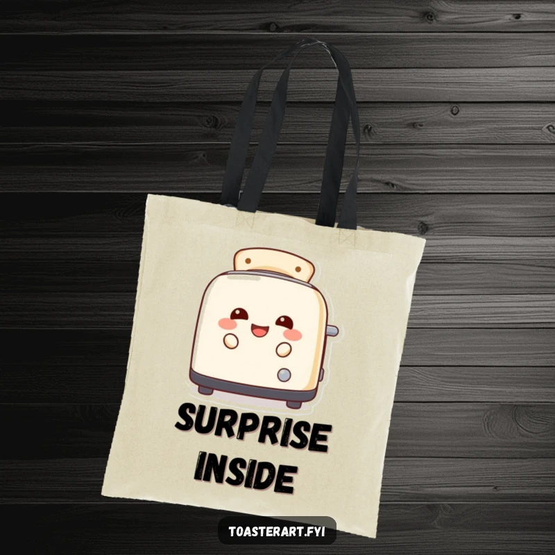 Funny toaster character laughing and peeking out from its slots, featured on a tote bag for humorous everyday use.