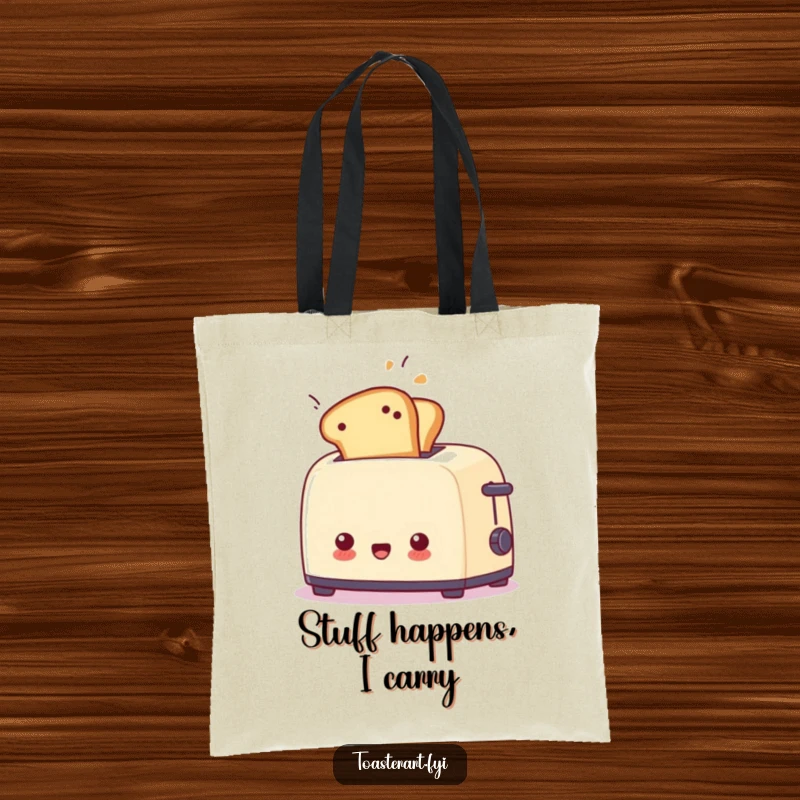 Funny surprised toaster tote bag with toast flying out unexpectedly, a humorous and practical carry-all.