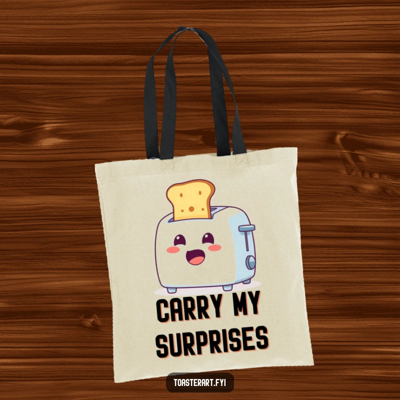 Funny Tote Bag: Cheerful toaster character ejecting toast with a surprised expression, perfect for carrying items humorously.