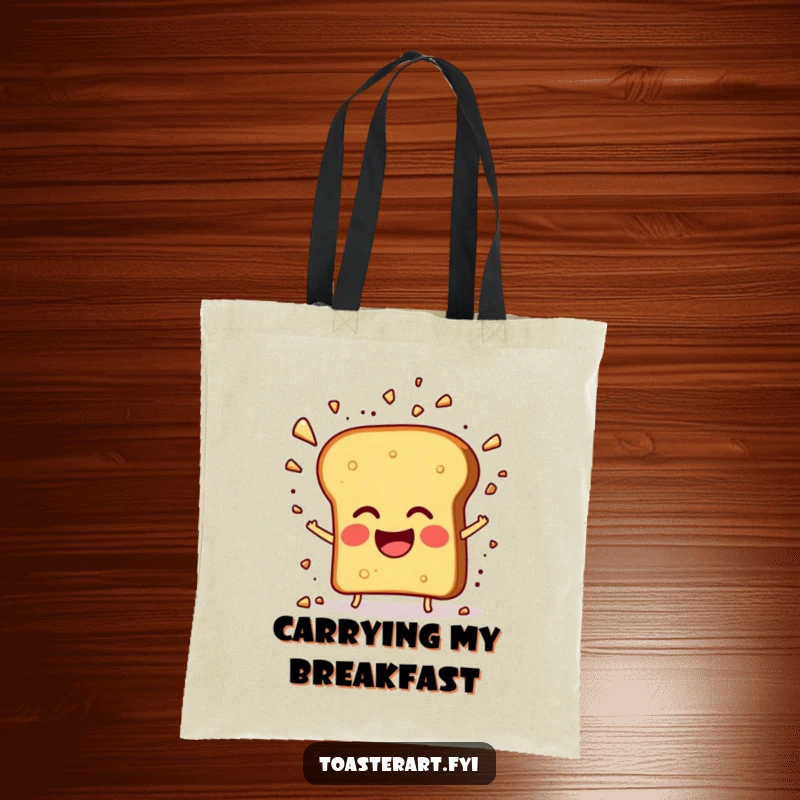 Funny tote bag with a giggling toast character in a crumb explosion, perfect for carrying essentials with humor.