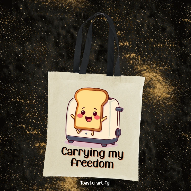 Funny Tote Bag: A piece of toast comically leaps from a toaster, depicting a humorous breakfast scene.