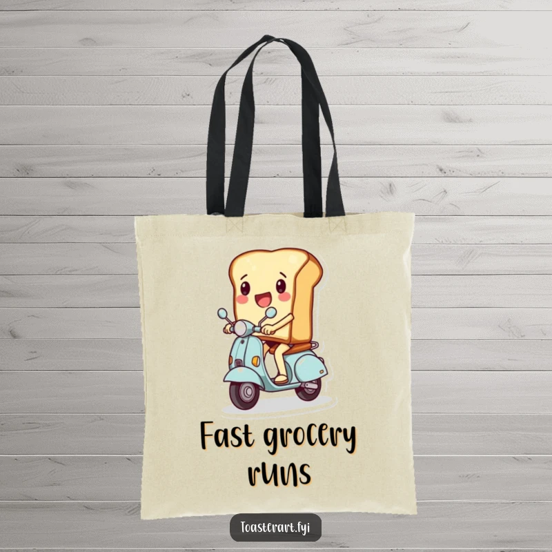 Funny tote bag design showcasing a slice of toast character excitedly riding a miniature scooter, ideal for errands and spirited journeys.