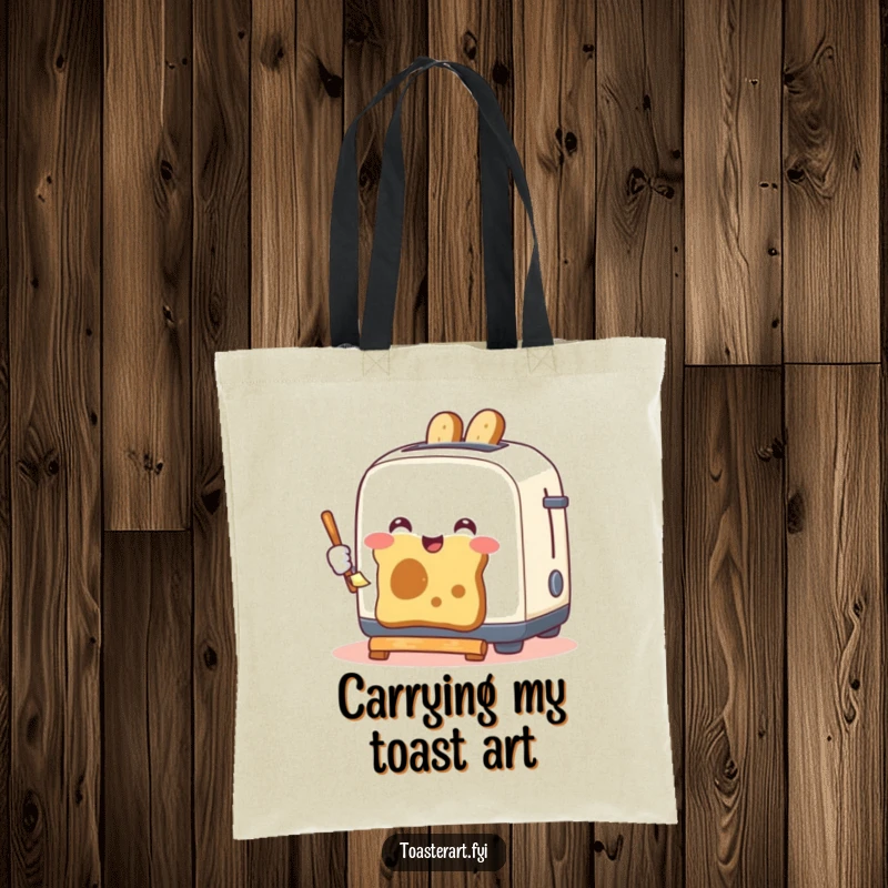 Funny tote bag featuring a cheerful toaster artistically painting with toast, perfect for carrying goods with a humorous artistic touch.