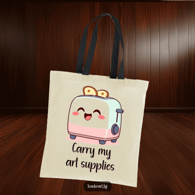 Funny tote bag featuring a giggling toaster character making toast art, perfect for shopping and carrying humor.