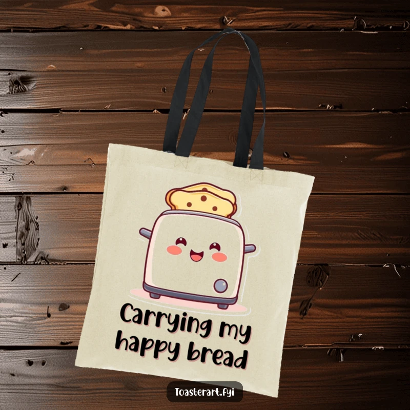 Funny toaster tote bag with a happy character popping up smile-toast, perfect for carrying items and as a funny gift.