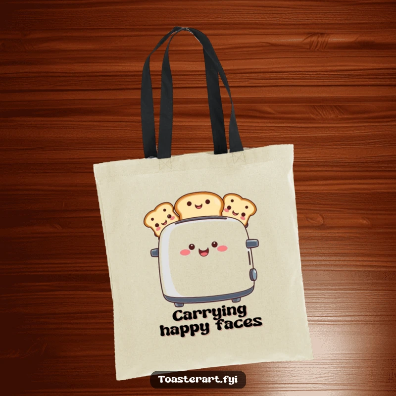 Funny tote bag illustrated with a toaster character popping up toast slices adorned with funny faces, a charming and humorous accessory.