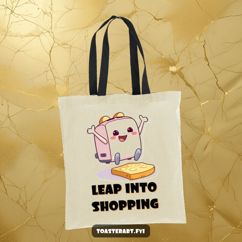 Funny Tote Bag with an overjoyed toaster character captured mid-leap onto a slice of toast, exuding playful energy.