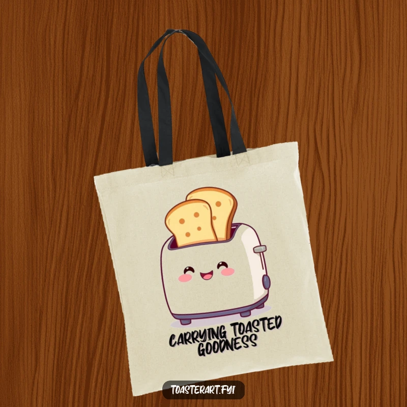 Funny tote bag design showcasing a smiling toaster character gleefully popping out perfect toast slices, ideal for market trips and smiles.