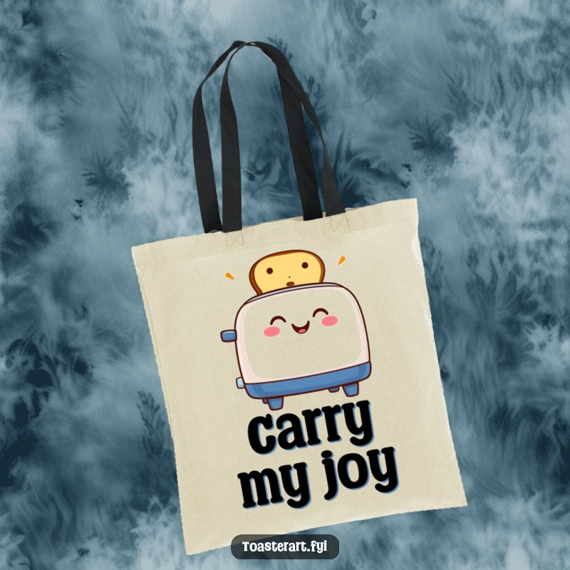 Funny tote bag illustrated with a grinning toaster heroically popping up toast, full of morning energy.