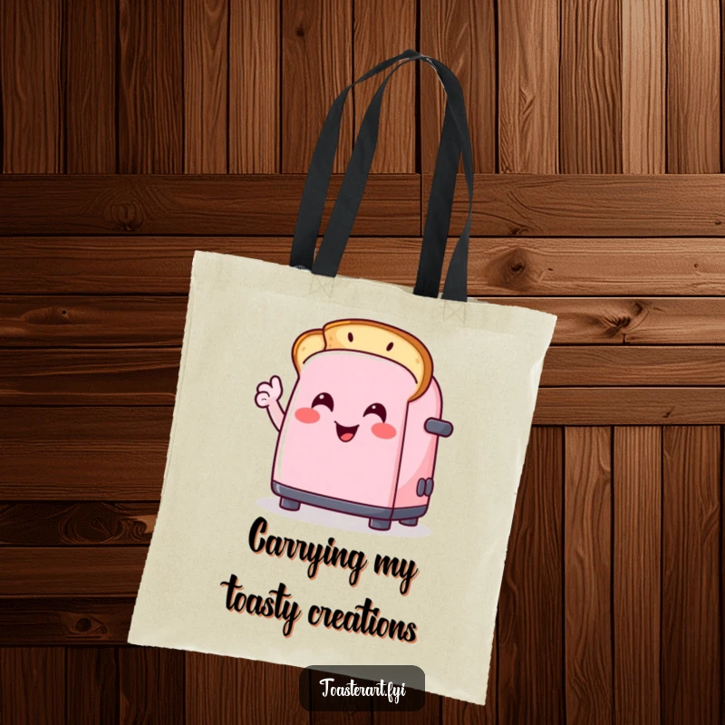 Funny tote bag featuring a happy toaster character drawing a smiley face on toast, perfect for stylish and humorous everyday use.