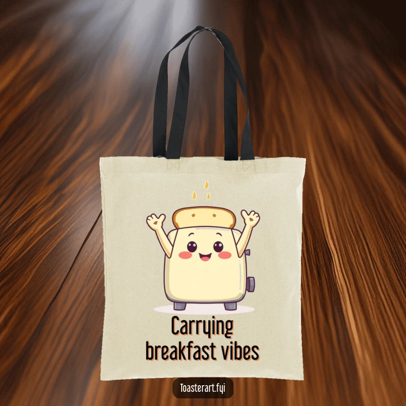 Funny toaster character waving with toast arms on a tote bag, a humorous and functional accessory.