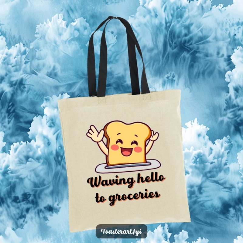 Funny tote bag with a grinning toast slice enthusiastically waving from a toaster slot, ideal for carrying essentials with a friendly touch.