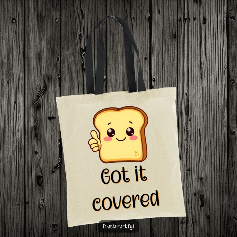 Funny tote bag featuring a cheerful toast character giving a thumbs up, a positive and practical accessory for daily use.