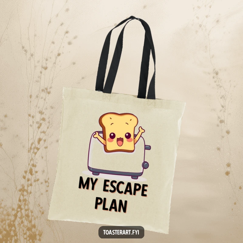 Funny tote bag showing a surprised toast character comically leaping out of a toaster. A quirky and humorous accessory.