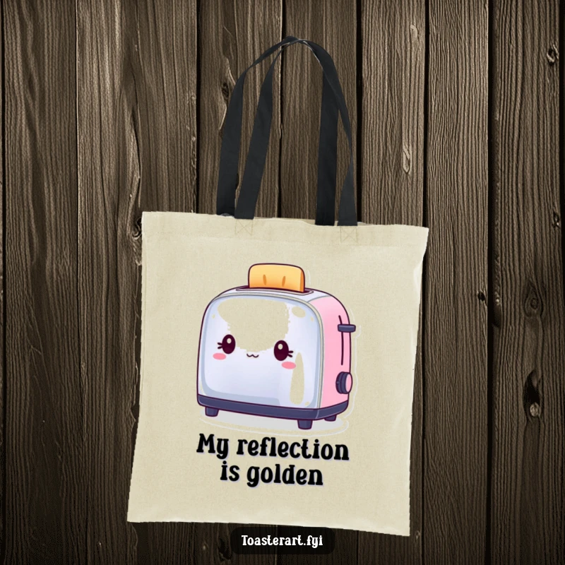Funny Tote Bag showcasing a proud toaster character gazing at its own shiny reflection, holding humor.