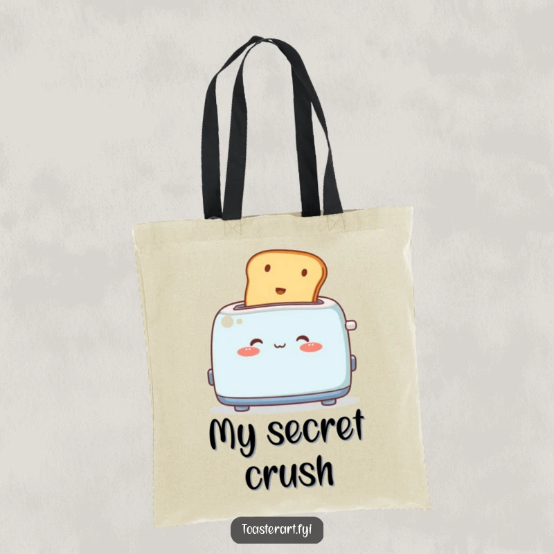 Funny Tote Bag: A cute toaster character blushes as toast pops out, a charming and humorous carryall.