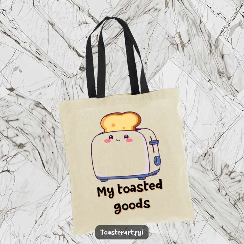 Funny tote bag with a giggling piece of toast character popping out of a toaster, perfect for cheerful errands.