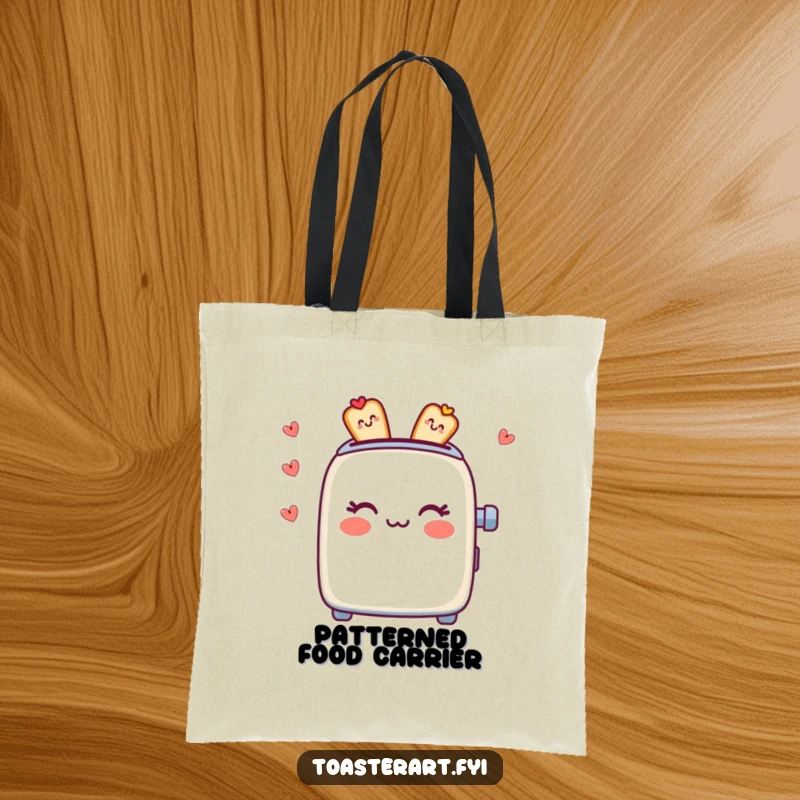 Funny Tote Bag: A toaster character designs intricate edible patterns, perfect for carrying your creative tools.