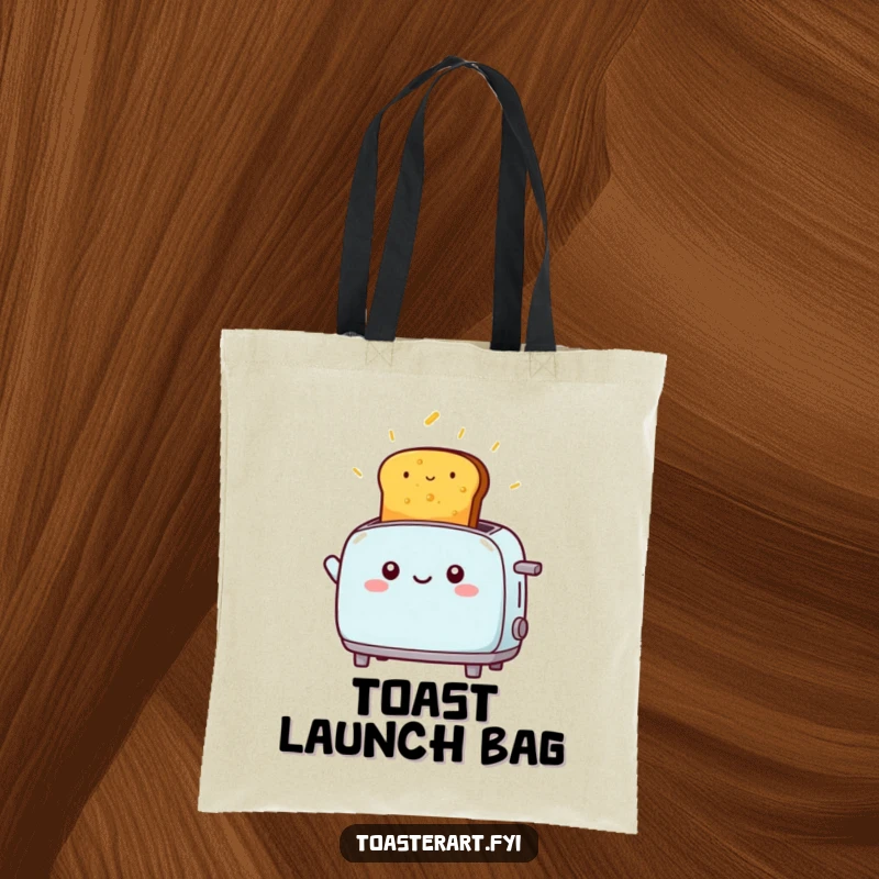 Funny kawaii toaster character launching golden toast high into the air, a humorous tote bag.