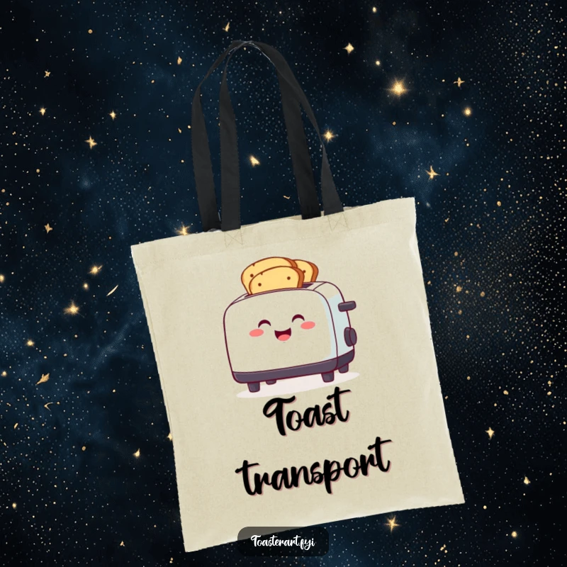 Funny smiling toaster character toasting multiple slices of bread, a humorous tote bag.